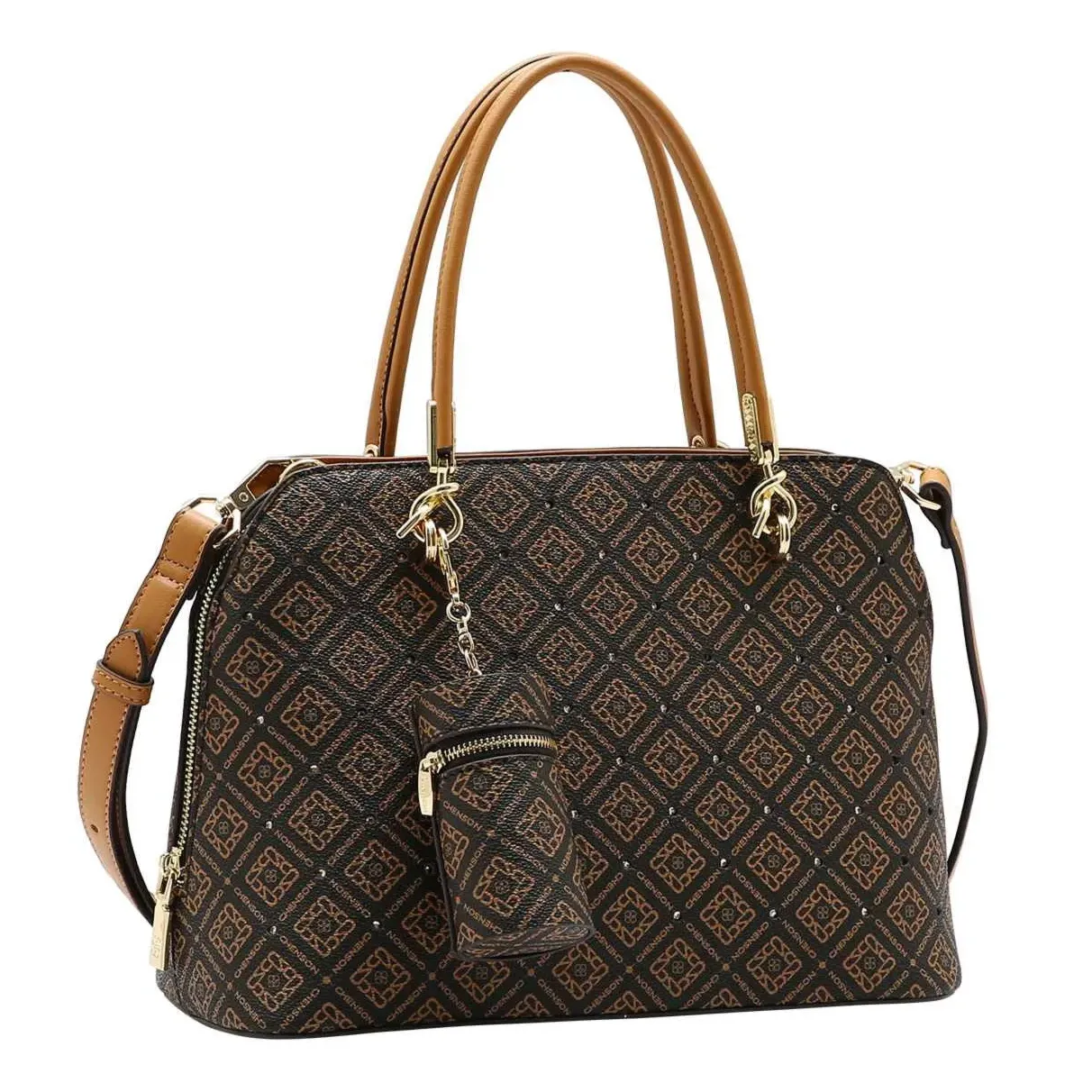 Bolsa feminina Chenson cor café com estampa monograma, alças duplas caramelo e acabamento em PU sintético, vista lateral com detalhes visíveis